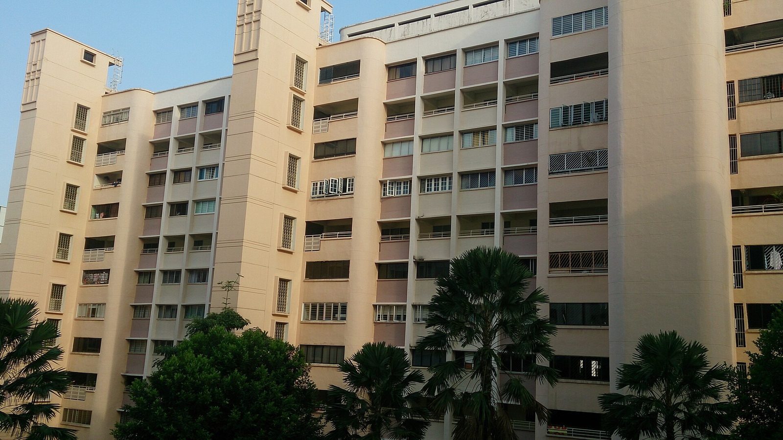 Une barre d'immeubles HDB beige et rose le long de Lorong Ah Soo, à Hougang, derrière des palmiers, sous un ciel bleu