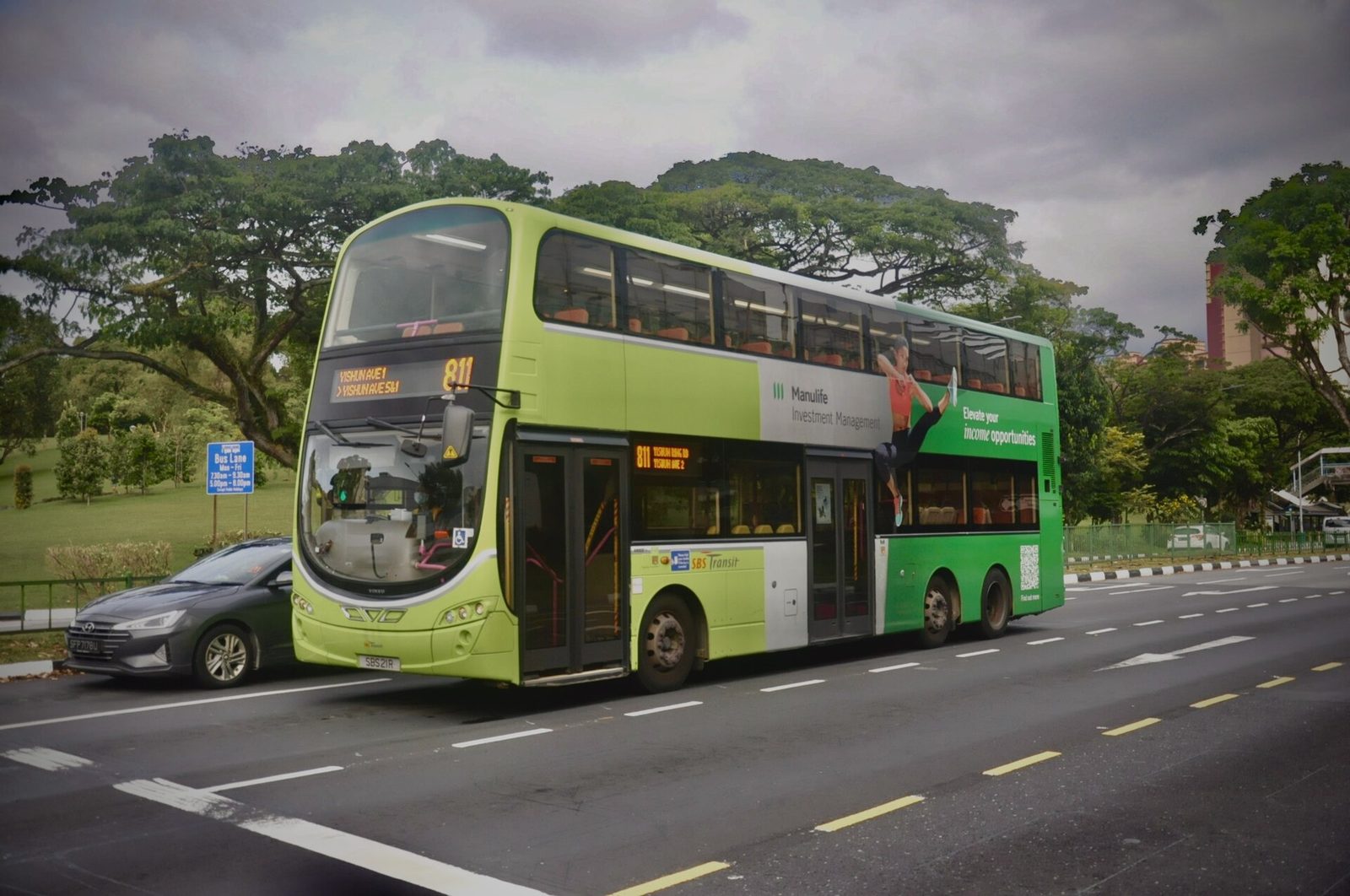 Un bus public à impériale aux couleurs vertes roule sur une route bordée de grands arbres à Singapour