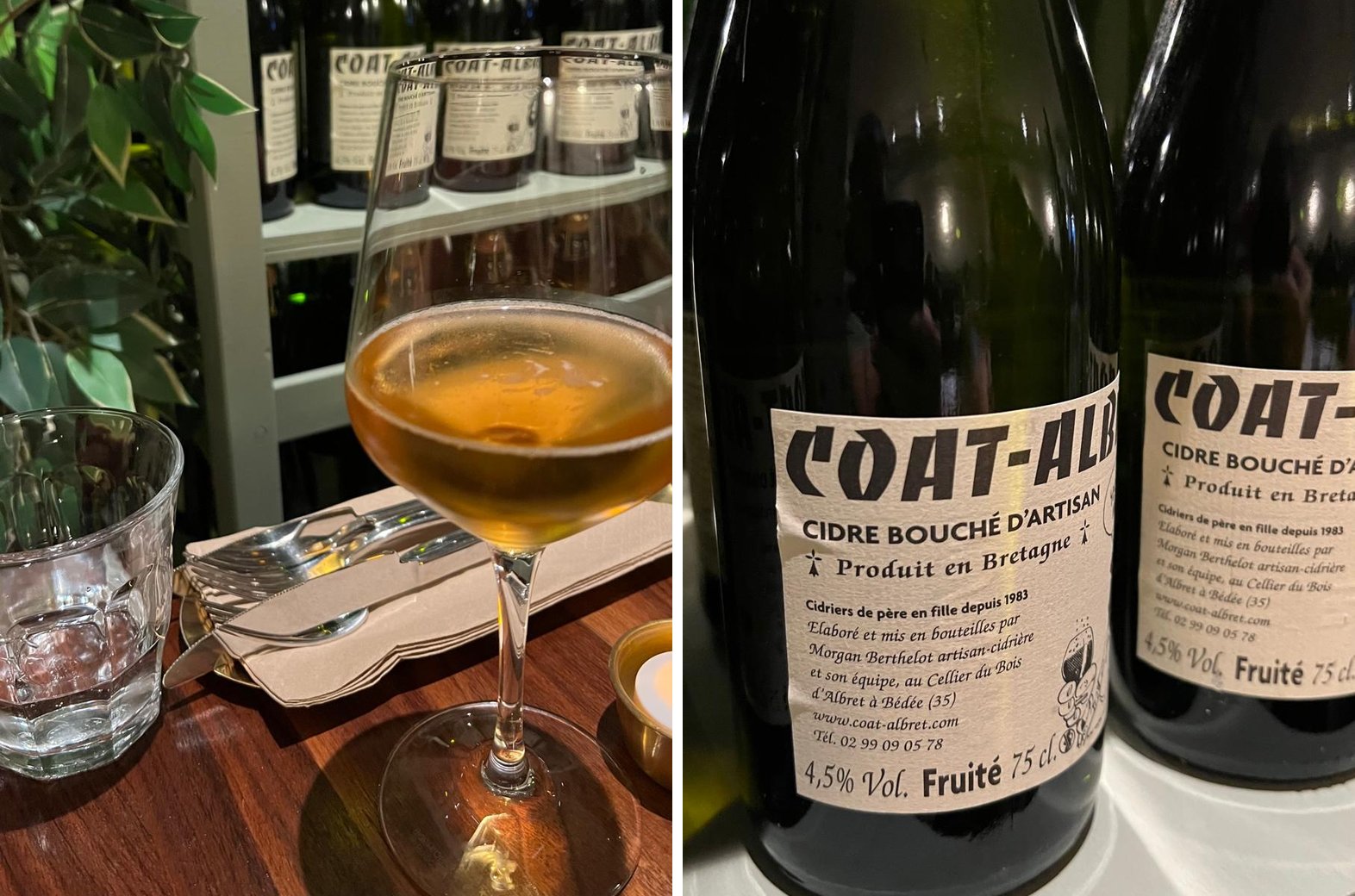 À gauche, un verre de cidre ambré sur la table ; à droite, l'étiquette d'une bouteille de cidre bouché Coat-Albret, produit en Bretagne